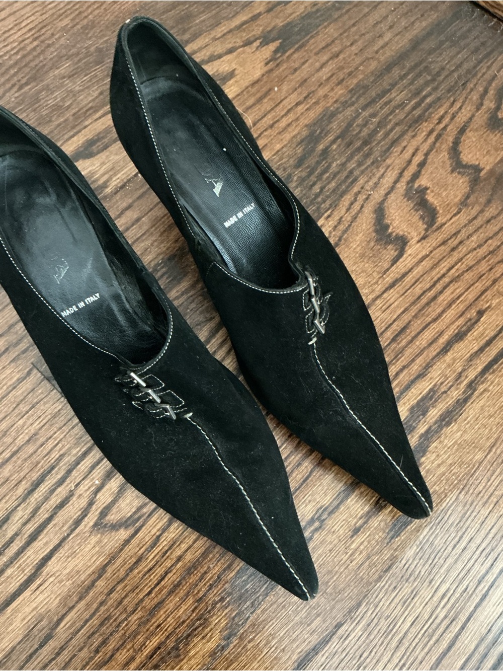 Prada Black Suede Pointed Toe Heels with Decorative Buckle - Picture 2 of 5